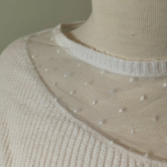 Long Sleeve Mesh Neck Sweater White Knit - Picture 4 of 6
